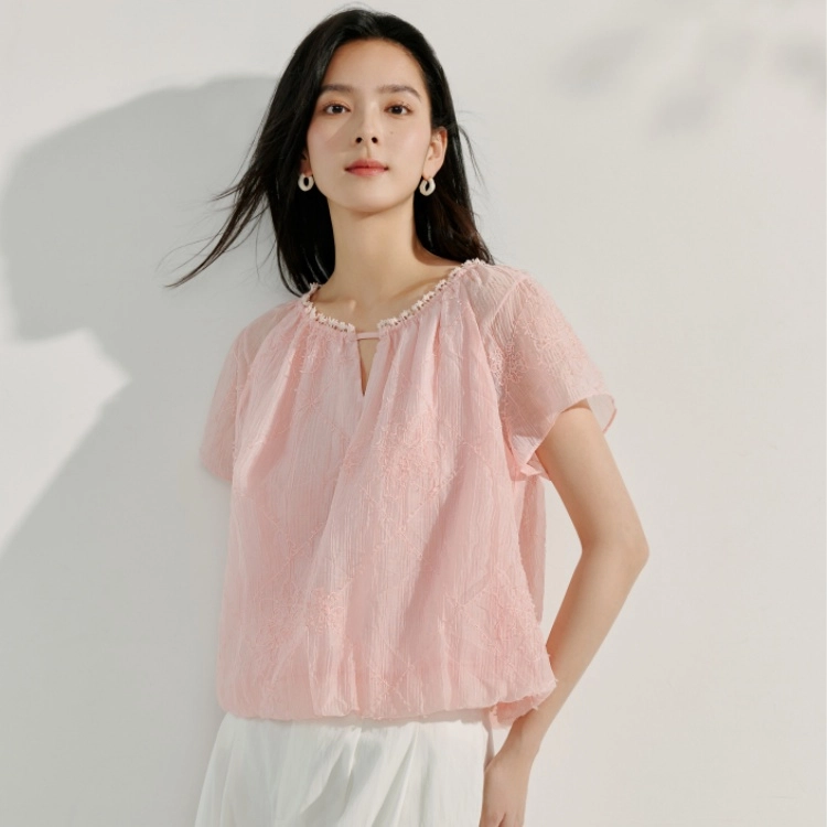 茵曼 温柔风莱赛尔蝴蝶纱刺绣短袖上衣 女款