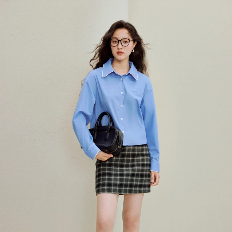 茵曼 简约撞色拼接府绸长袖衬衣衬衫 女款