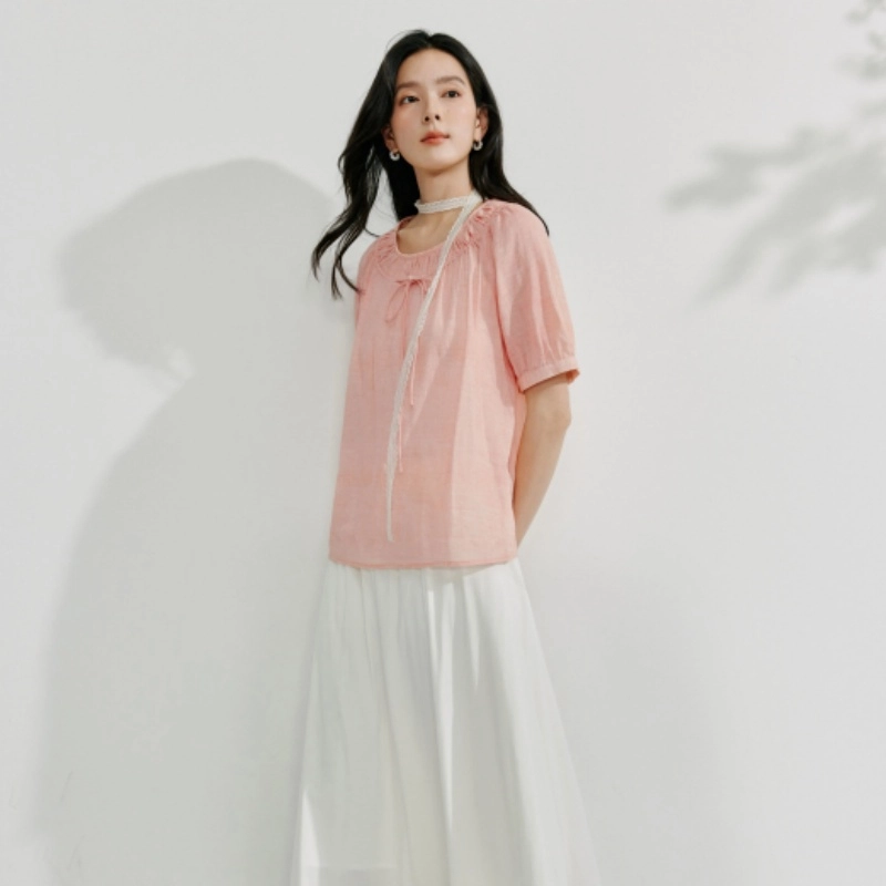 茵曼 法式系带宽松短袖衬衫 女款