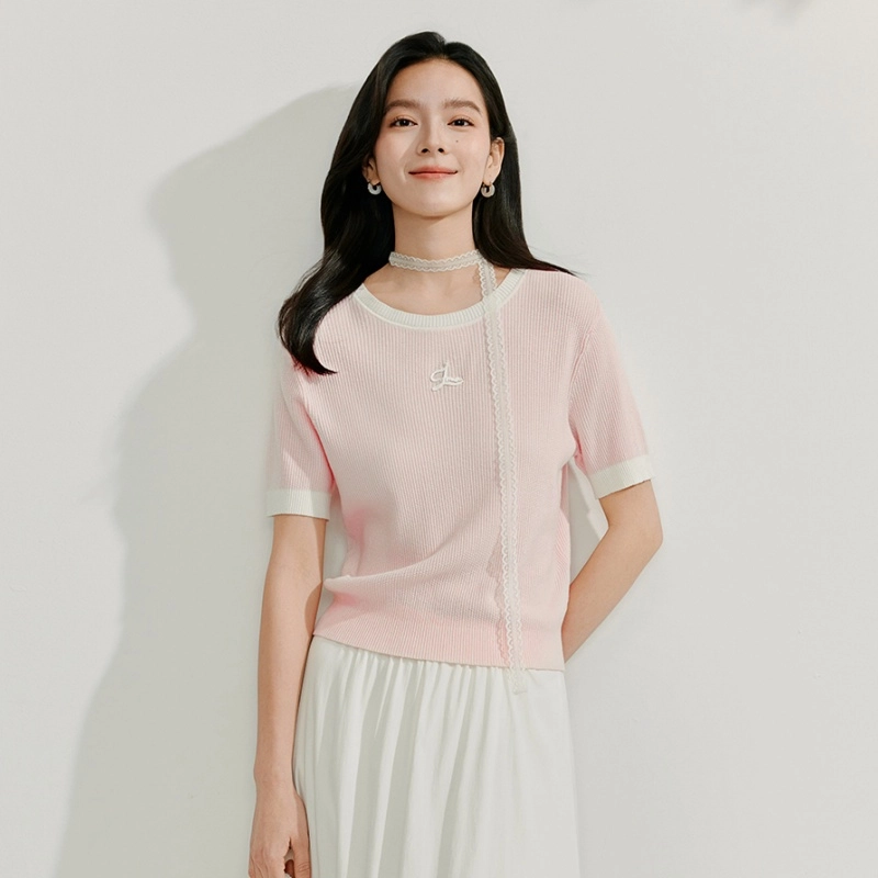 茵曼 茵曼凉感冰爽丝撞色欧若风显瘦短袖针织衫 女款