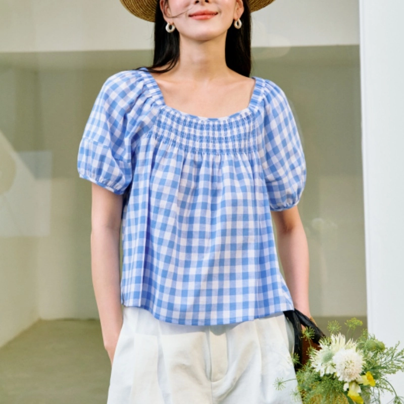 茵曼 甜美格子收腰褶皱显瘦泡泡袖短袖衬衫 女款