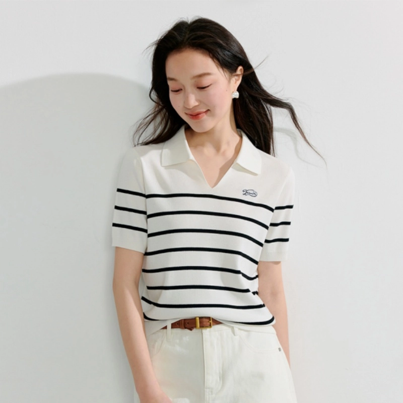 茵曼 法式时尚百搭短袖针织衫 女款 白黑条