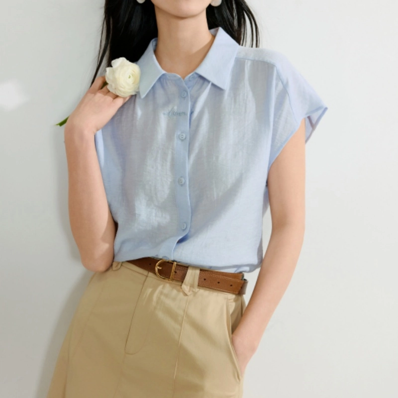 茵曼 通勤百搭简约短袖衬衫 女款 浅蓝色