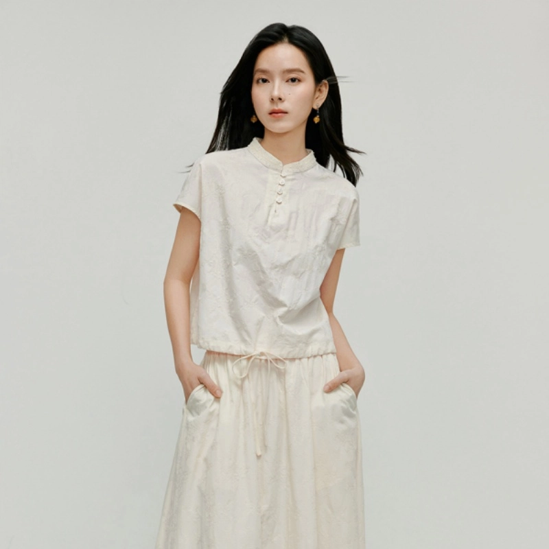 茵曼 宽松中腰立领纯色时尚百搭休闲套装 女款 浅杏色