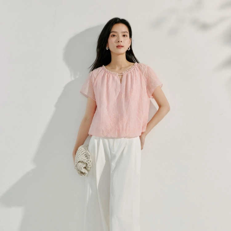 茵曼 温柔风莱赛尔蝴蝶纱刺绣短袖上衣 女款