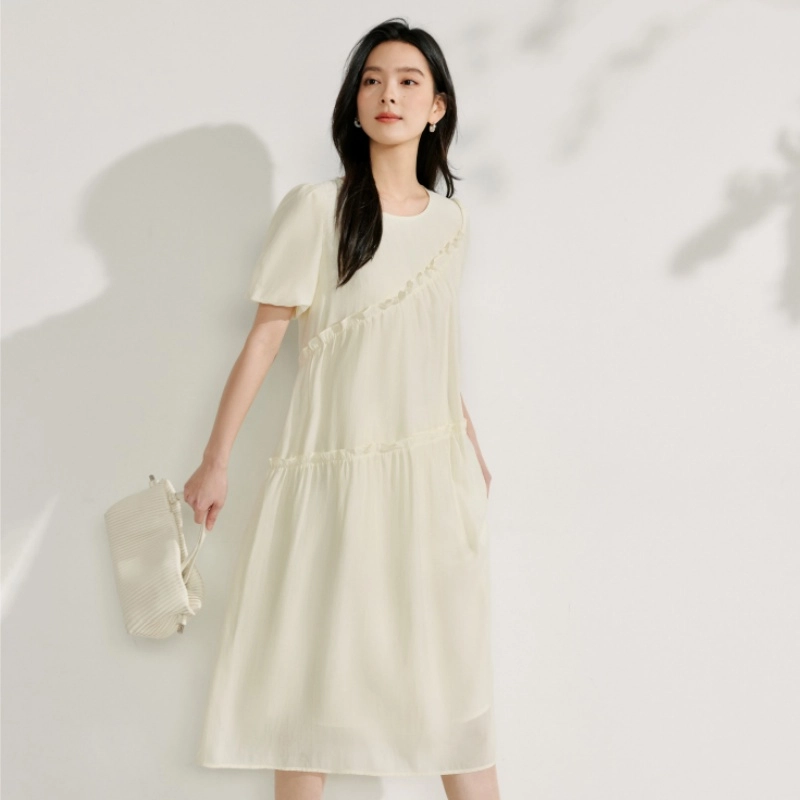 茵曼 木耳边收褶女装设计感短袖仙女裙子长袖连衣裙 女款 浅杏色