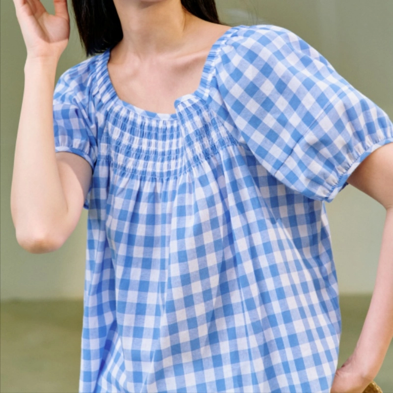 茵曼 甜美格子收腰褶皱显瘦泡泡袖短袖衬衫 女款