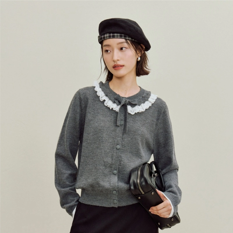 茵曼 简约通勤绒感花边开衫针织衫 女款