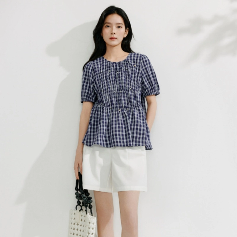 茵曼 时尚气质法式格子短袖衬衫 女款 藏青