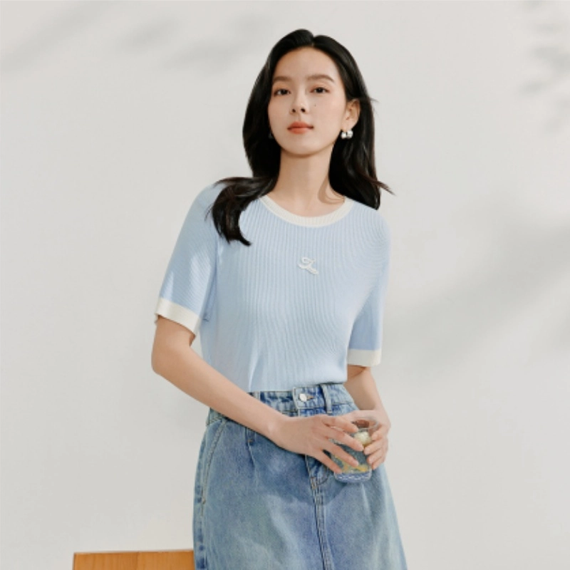 茵曼 茵曼凉感冰爽丝撞色欧若风显瘦短袖针织衫 女款