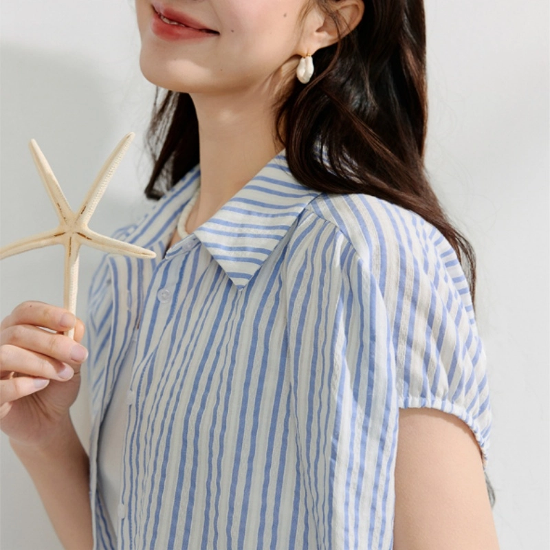 茵曼 法式条纹设计感小众短袖衬衫 女款