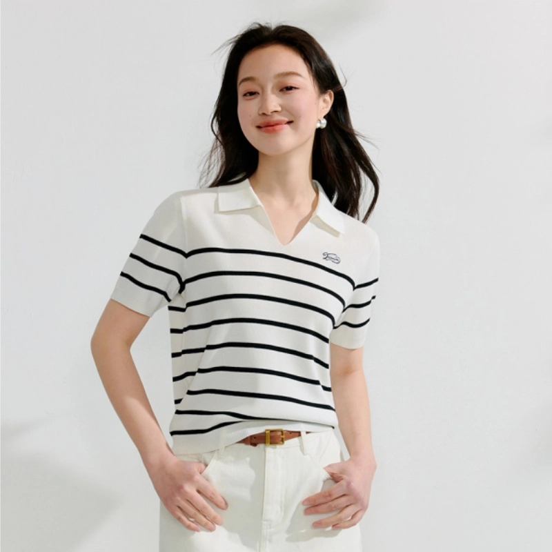 茵曼 法式时尚百搭短袖针织衫 女款 白黑条