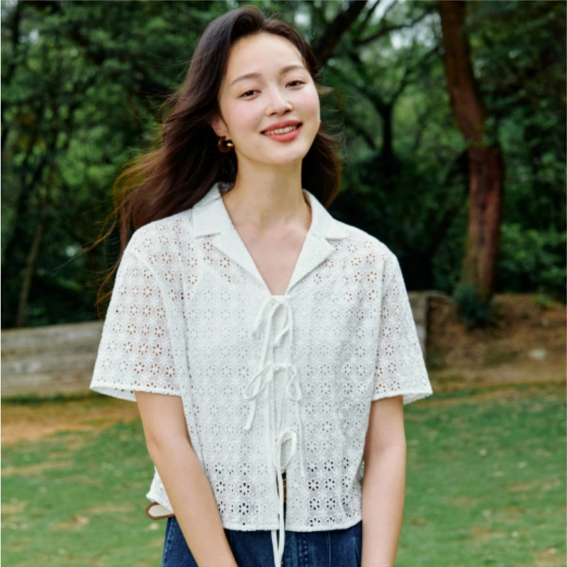 茵曼 法式细带镂空短袖甜美纯棉衬衣罩衫衬衫 女款