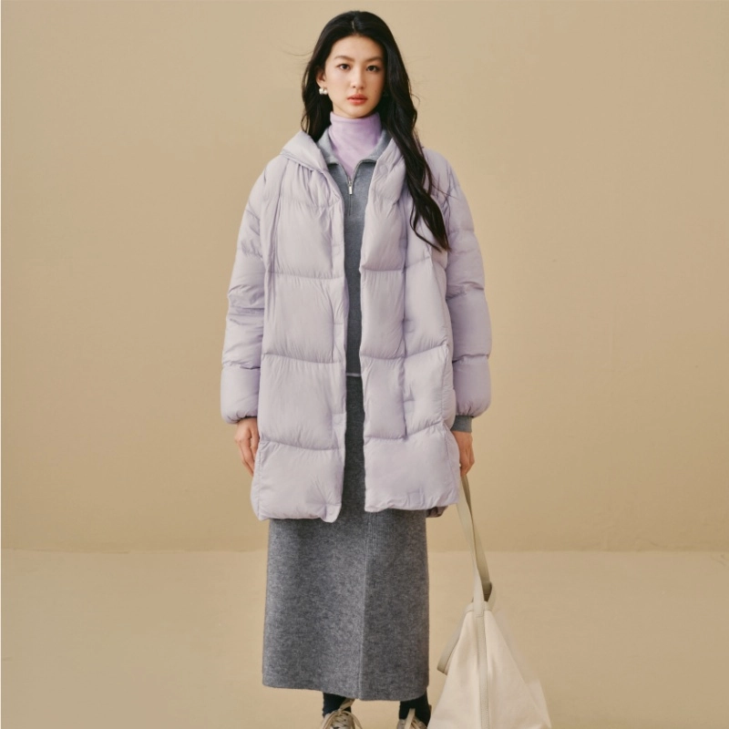 茵曼 泡芙连帽中长款高充绒量鸭绒保暖外套羽绒服 女款
