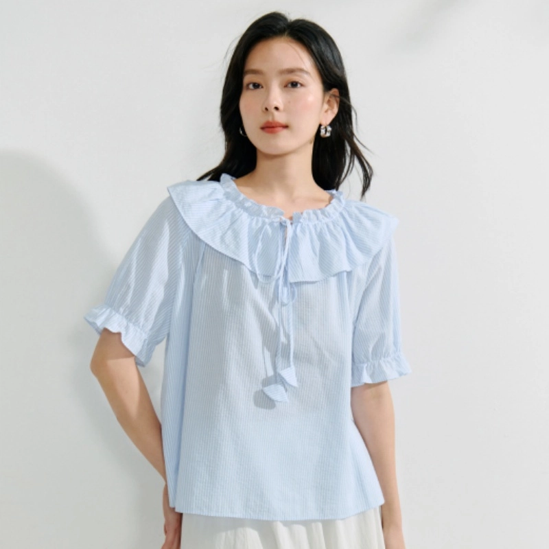 茵曼 法式条纹褶皱浪漫泡泡袖衬衣短袖衬衫 女款