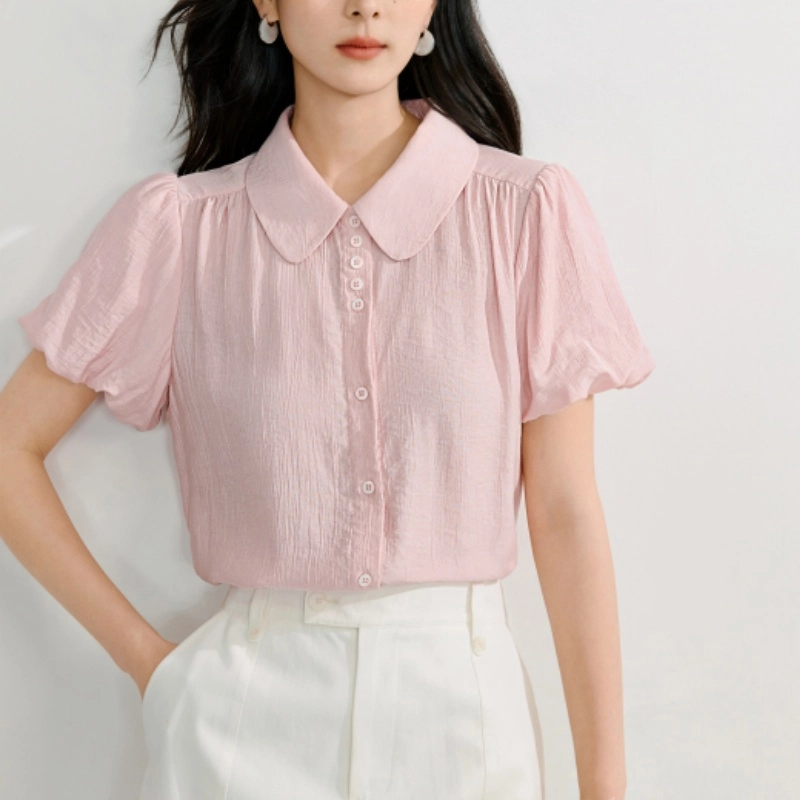 茵曼 翻领修身纯色短袖衬衫 女款