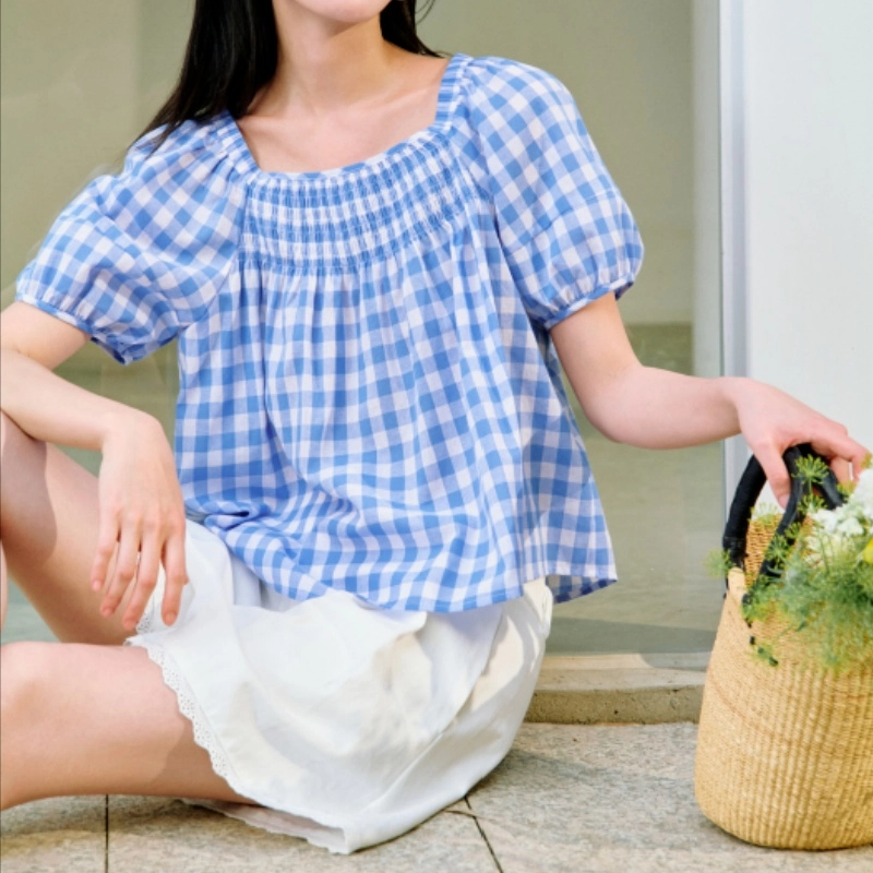 茵曼 甜美格子收腰褶皱显瘦泡泡袖短袖衬衫 女款