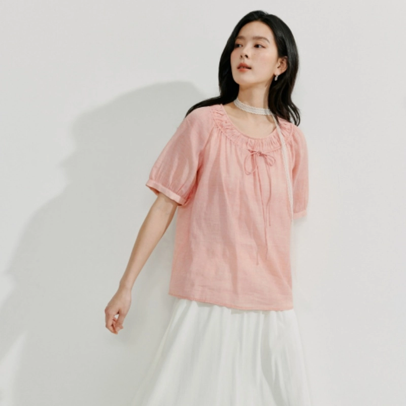 茵曼 法式系带宽松短袖衬衫 女款
