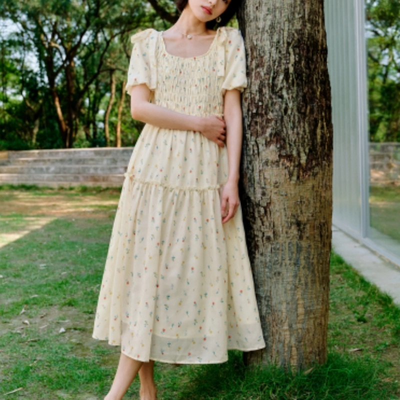 茵曼 休闲舒适时尚百搭短袖连衣裙 女款 黄底印花