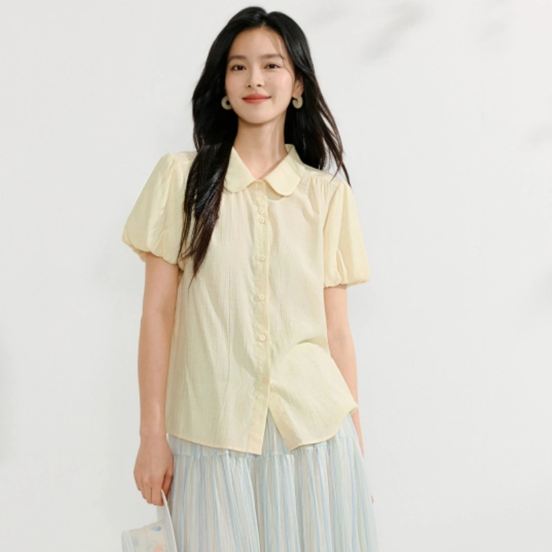 茵曼 翻领修身纯色短袖衬衫 女款