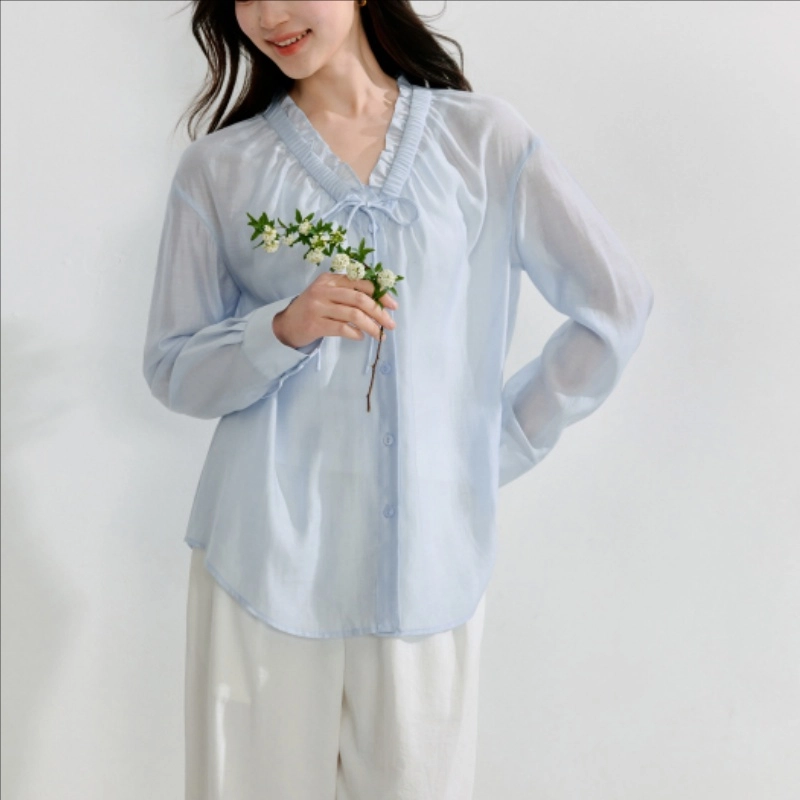 茵曼 休闲简约时尚百搭长袖衬衫 女款 天蓝色