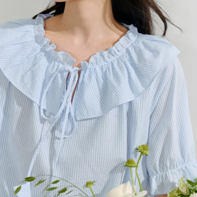 茵曼 法式条纹褶皱浪漫泡泡袖衬衣短袖衬衫 女款