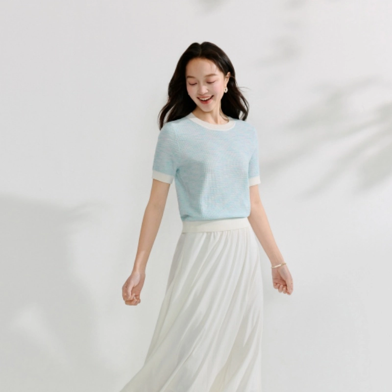 茵曼 小香风撞色圆领短袖气质套头上衣薄短袖针织衫 女款