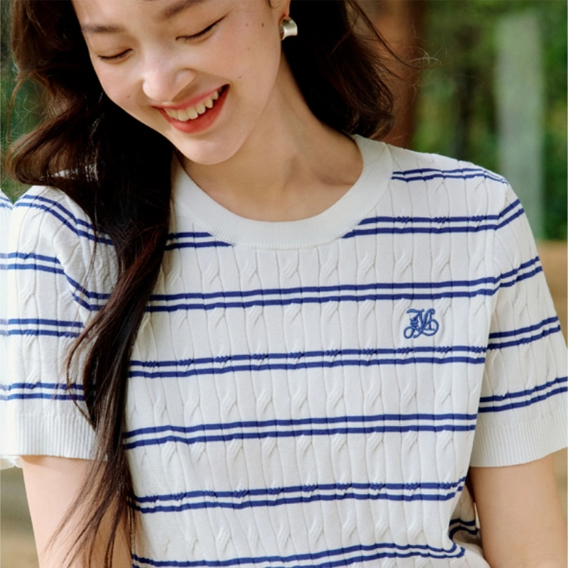 茵曼 简约薄款条纹麻花通勤显瘦短袖针织衫 女款