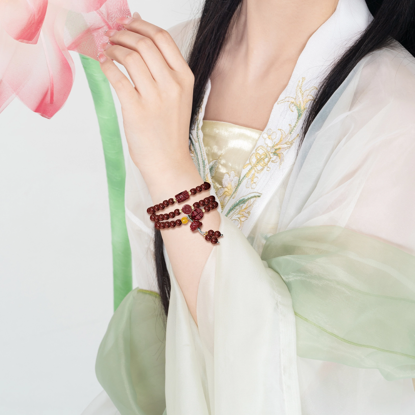 北隐 新中式平安纳福招财上岸莲花佛珠盘串 民族风国风小众轻奢叠带 檀木 木作手串 通用