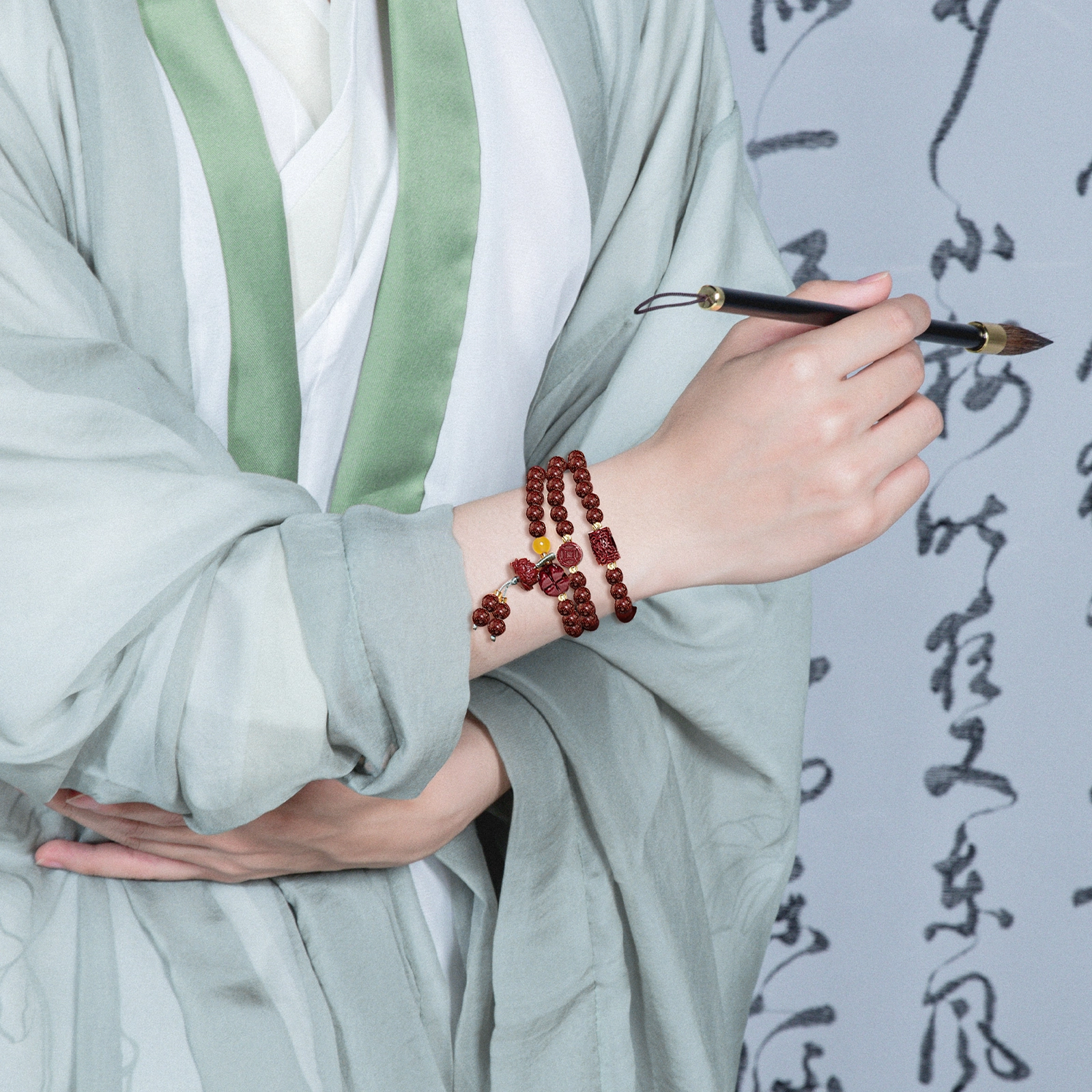 北隐 新中式平安纳福招财上岸莲花佛珠盘串 民族风国风小众轻奢叠带 檀木 木作手串 通用