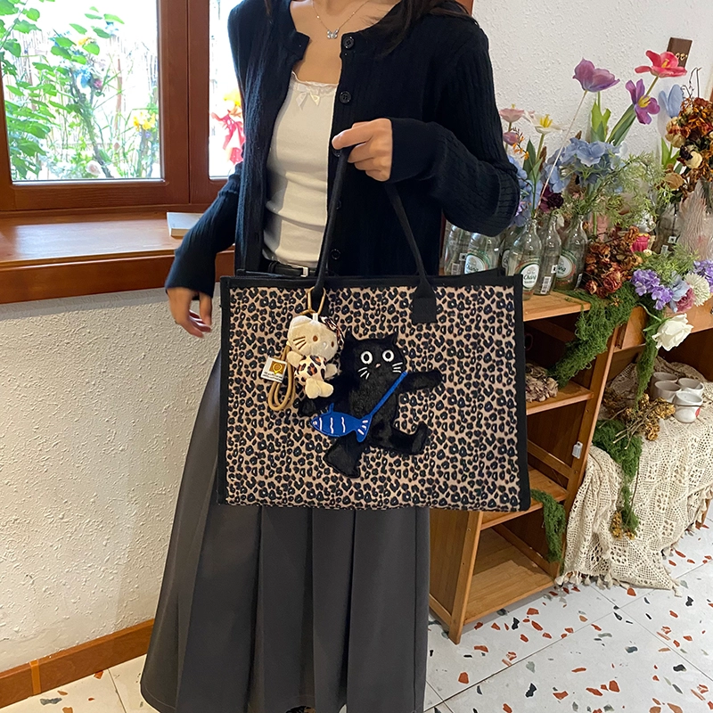 轩玺 大容量通勤百搭 帆布 帆布包托特包单肩包手提包 常规 男女同款情侣款 豹纹黑色/豹纹棕色