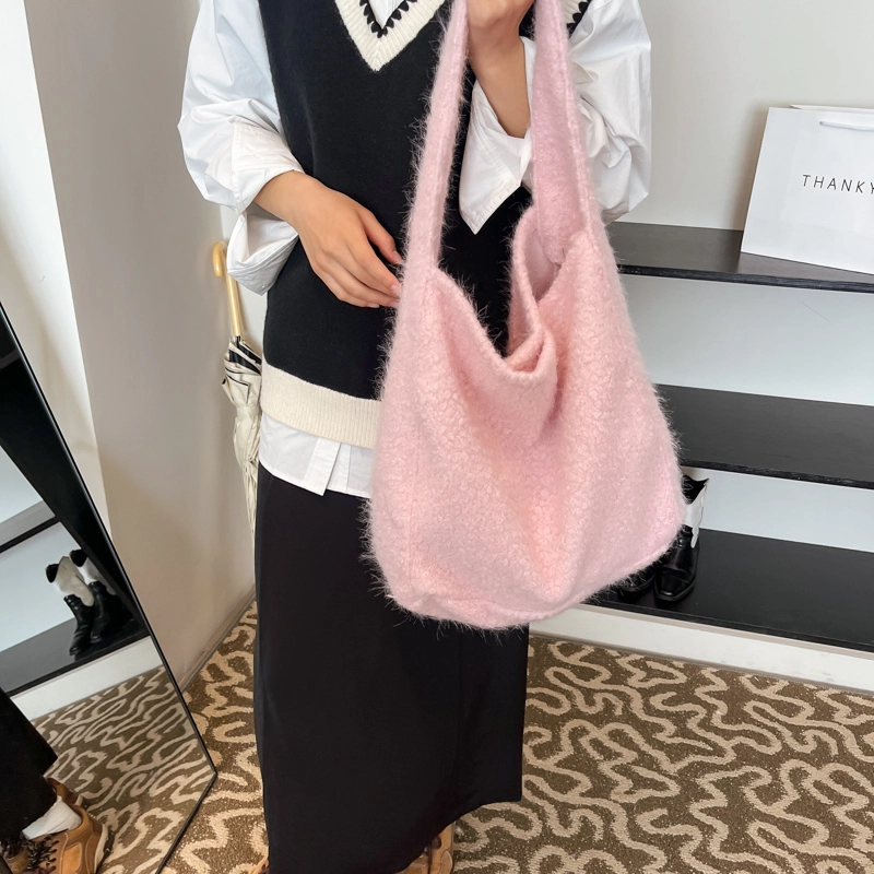 轩玺 大容量慵懒风纯色百搭通勤 毛绒 单肩手提包 女款 棕色/灰色/粉色