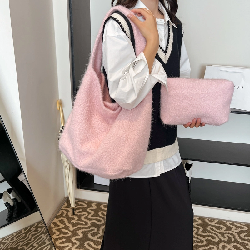 轩玺 大容量慵懒风纯色百搭通勤 毛绒 单肩手提包 女款 棕色/灰色/粉色