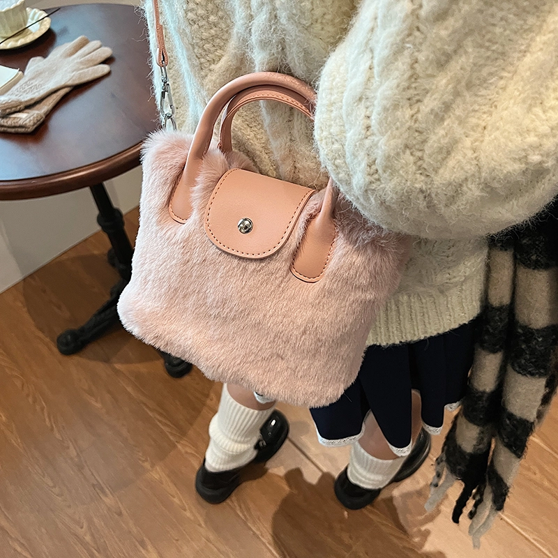 轩玺 休闲简约日常通勤时尚百搭 毛呢 单肩斜挎手提包 中号 女款 卡其色/米白色/粉色/黑色/灰色