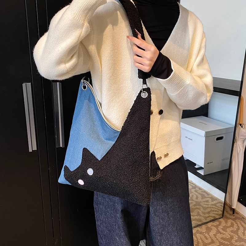 轩玺 文艺可爱猫咪撞色通勤 牛仔布 单肩包 女款 浅蓝色/深蓝色