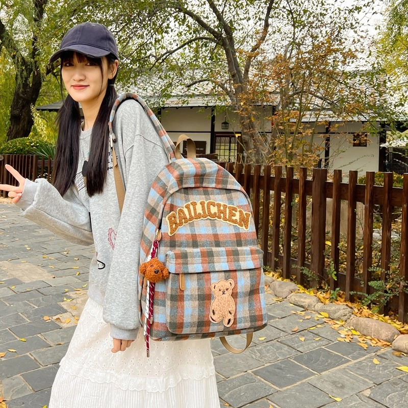 轩玺 复古休闲简约日常通勤时尚百搭 毛呢 双肩包 大号 男女同款情侣款 多色
