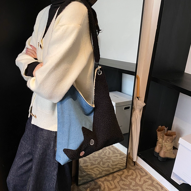 轩玺 文艺可爱猫咪撞色通勤 牛仔布 单肩包 女款 浅蓝色/深蓝色