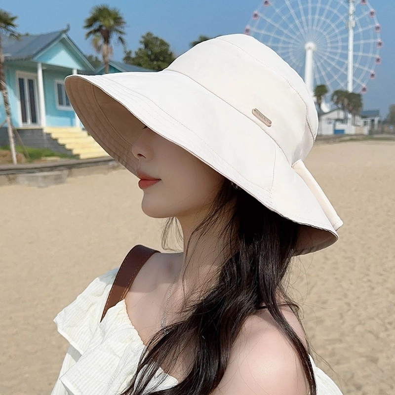 朵澜 时尚扎马尾海边大檐防紫外线 聚酯纤维 遮阳帽 女款 暗夜黑米杏白晴空蓝樱花粉卡其色