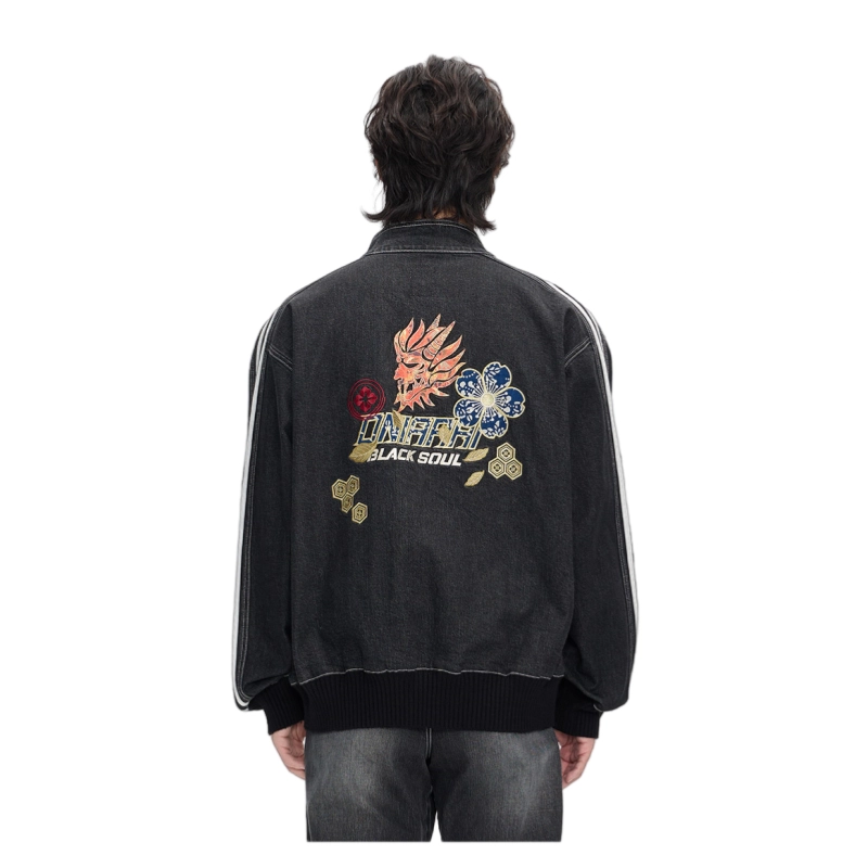 鬼洗 非遗蓝染花布白杠条立领植物花卉常规长袖宽松型牛仔外套 男女同款