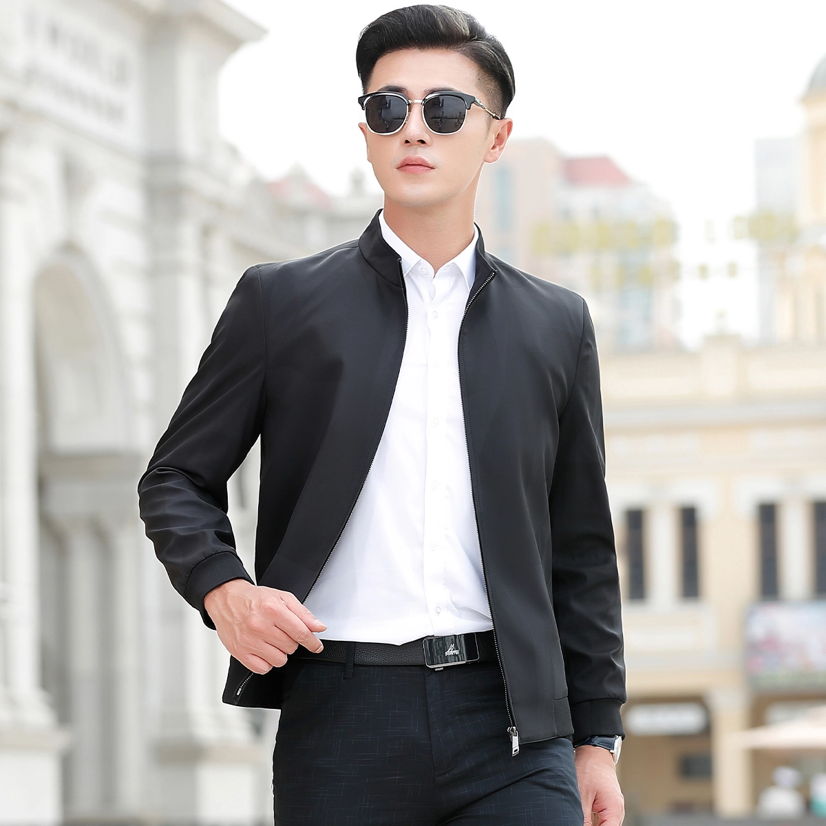 富铤 极简主义几何图形时尚暗纹挺括立领长袖夹克外套 男款 迷彩黑