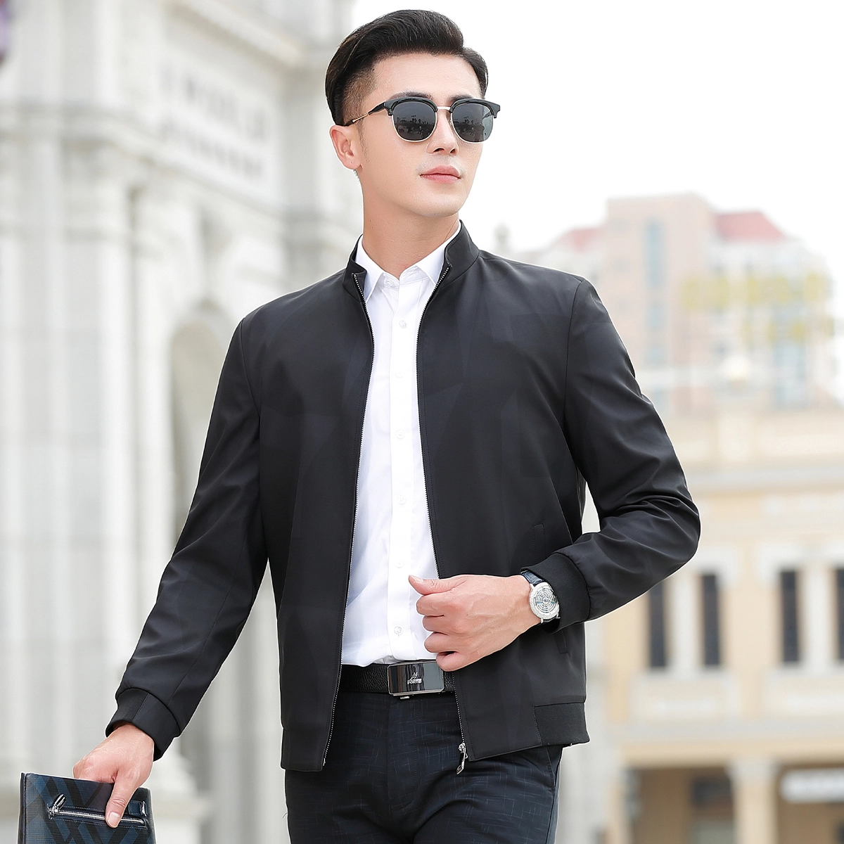 富铤 极简主义几何图形时尚暗纹挺括立领长袖夹克外套 男款 迷彩黑