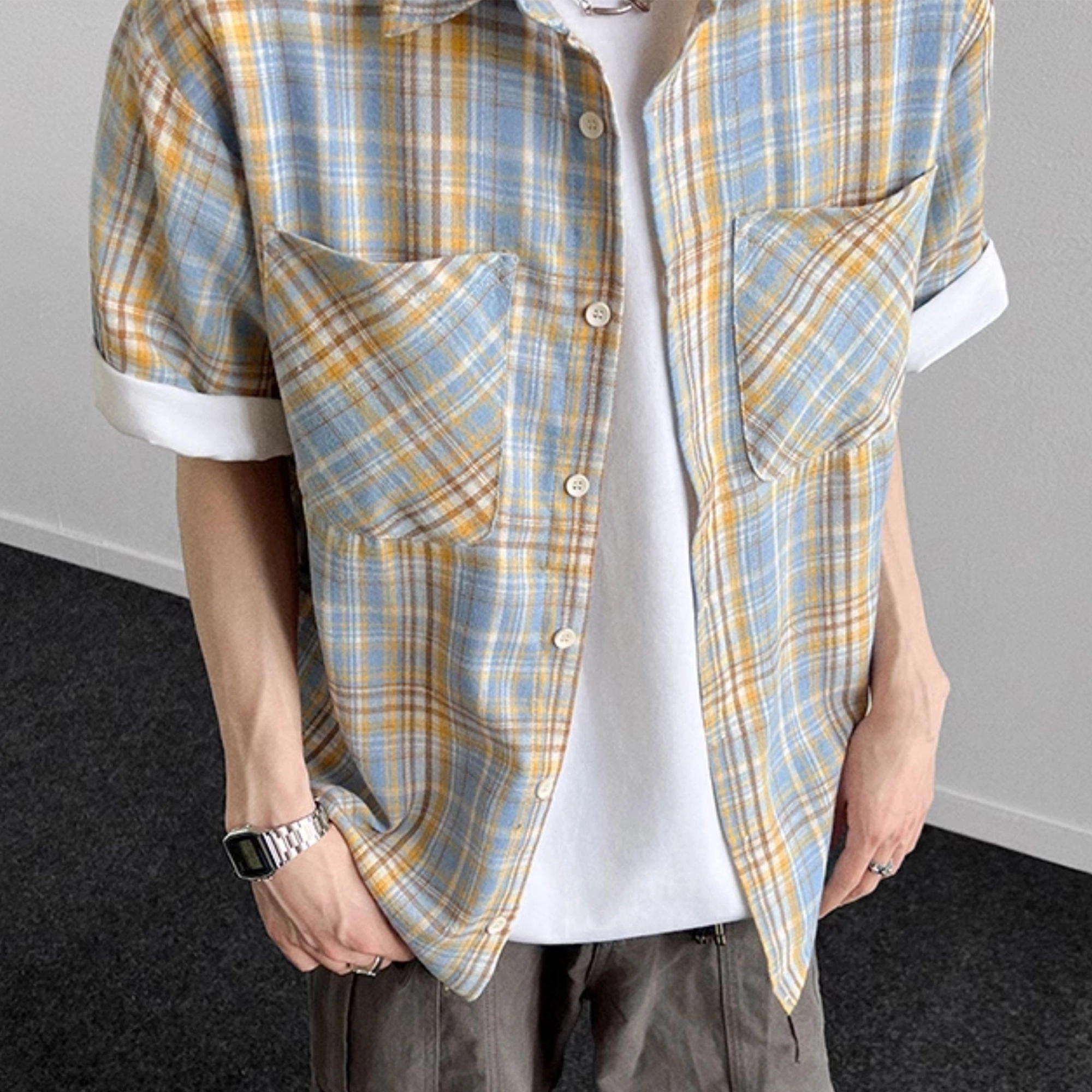 松岚 格子多巴胺美式复古青春翻领活力舒适百搭文艺风短袖衬衫 男女同款