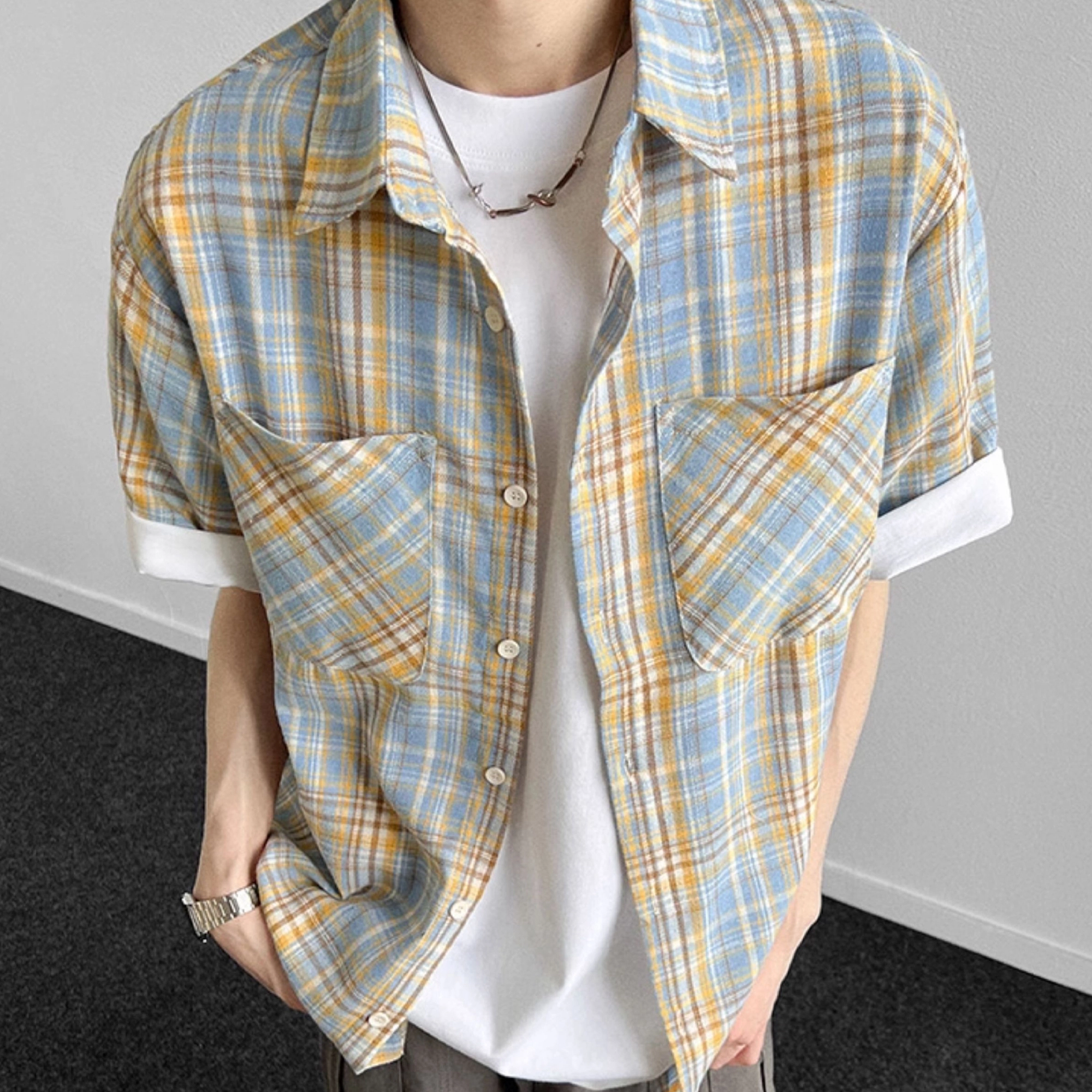 松岚 格子多巴胺美式复古青春翻领活力舒适百搭文艺风短袖衬衫 男女同款