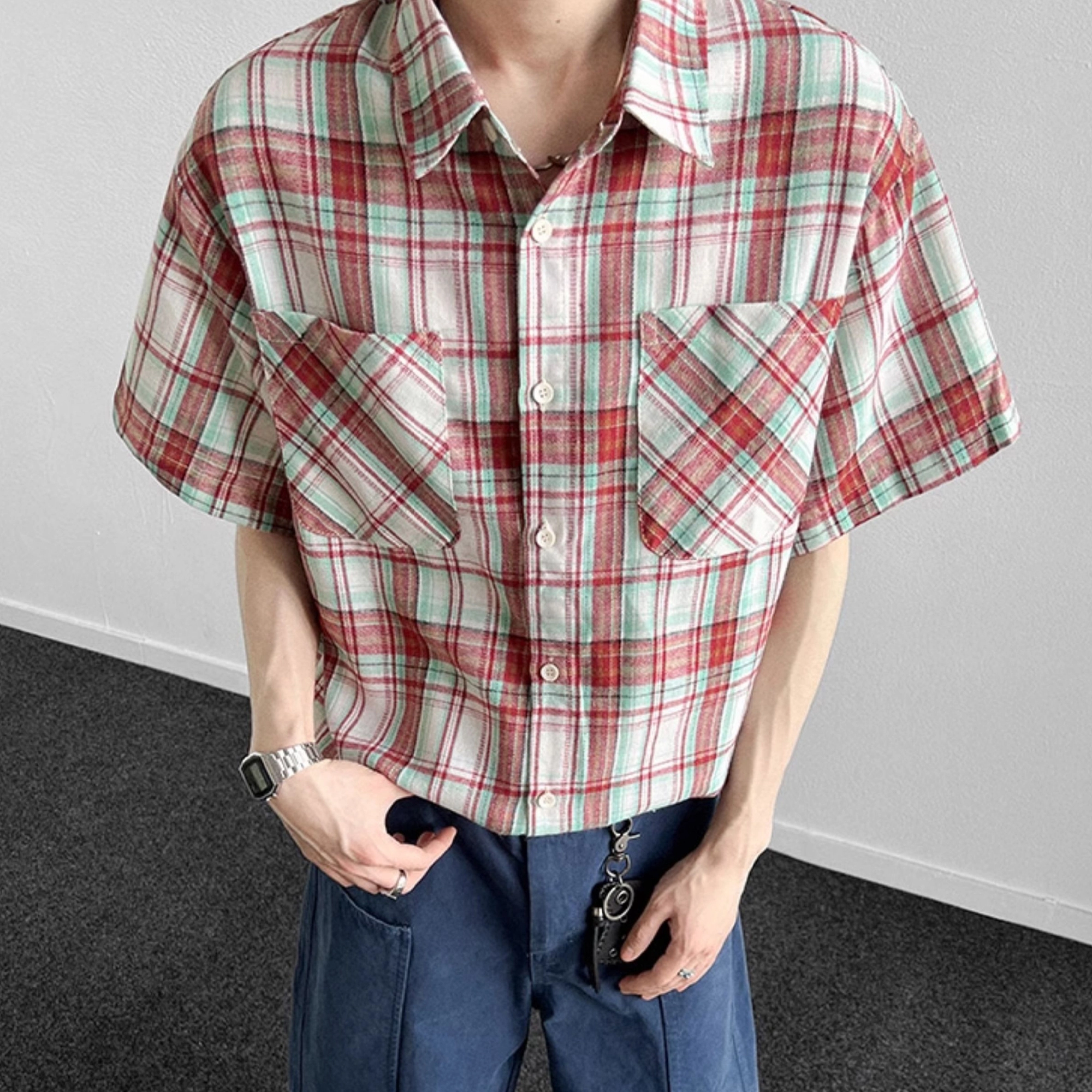 松岚 格子多巴胺美式复古青春翻领活力舒适百搭文艺风短袖衬衫 男女同款