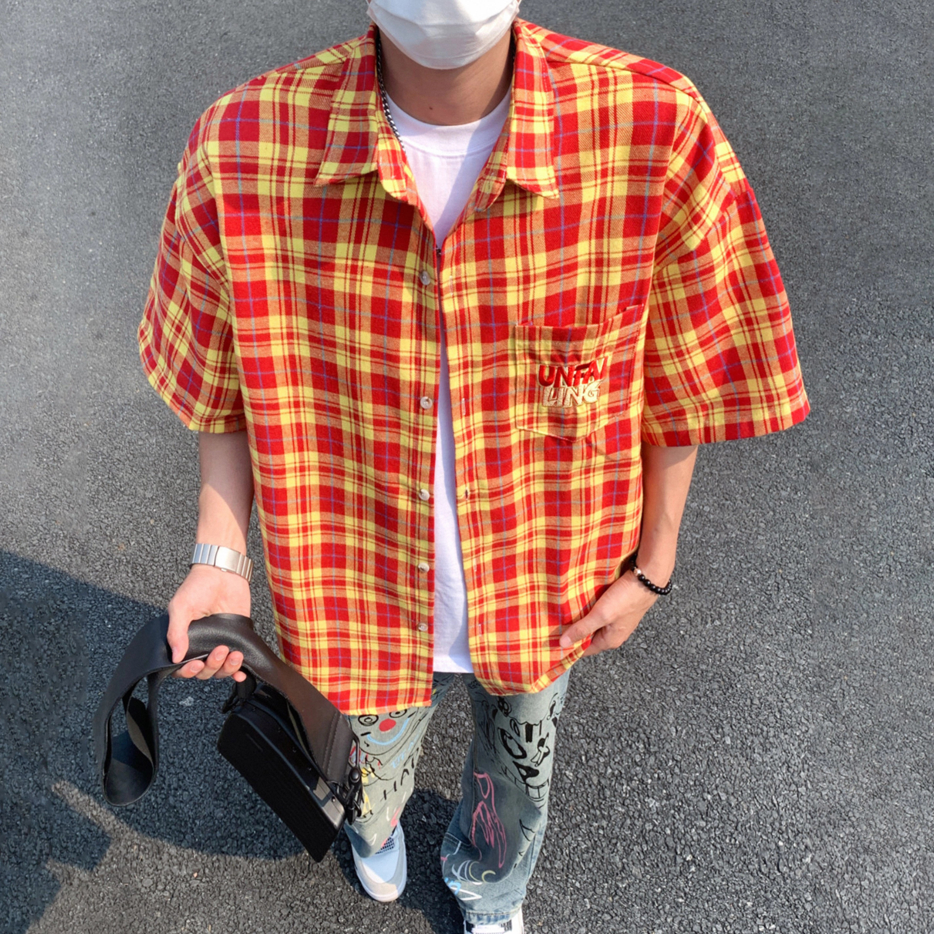 松岚 街头美式嘻哈撞色格纹字母刺绣设计感中性酷飒痞帅个性无性别主义宽松百搭户外日常通勤单排扣开衫短袖衬衫 男女同款