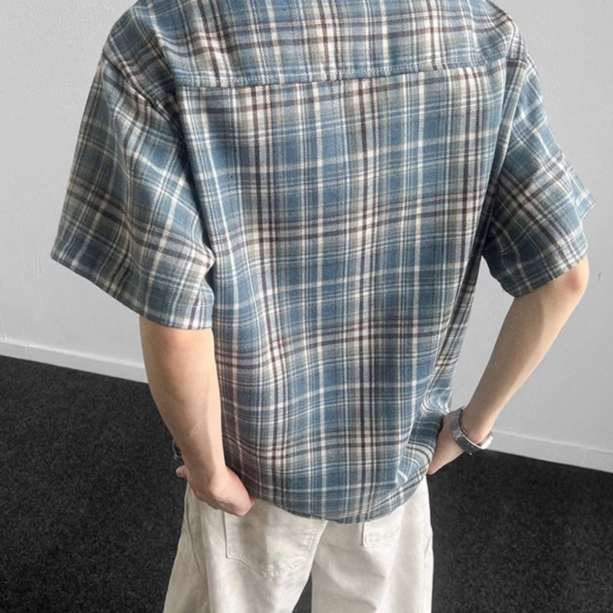 松岚 格子多巴胺美式复古青春翻领活力舒适百搭文艺风短袖衬衫 男女同款