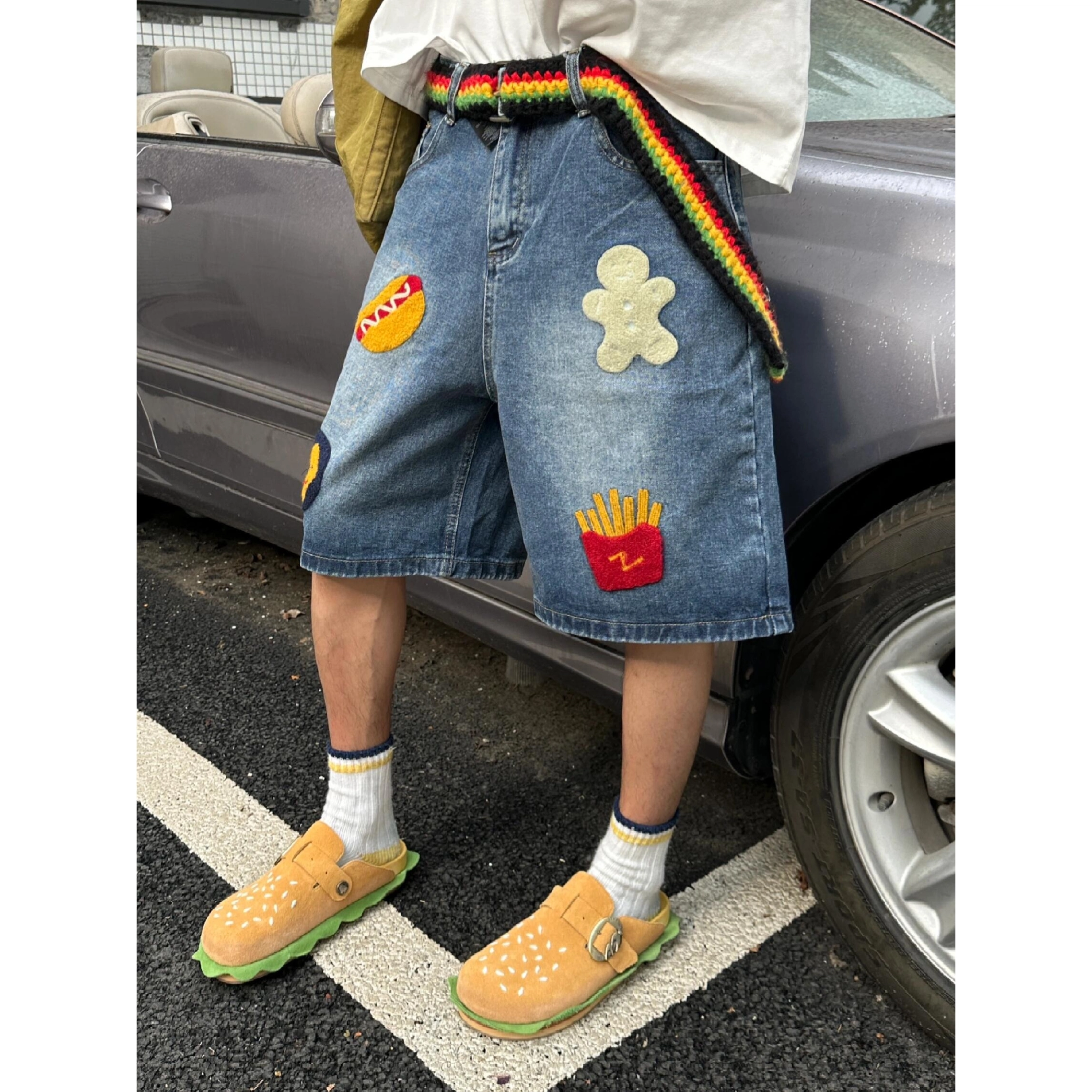 松岚 美式复古高街水洗卡通创意毛巾绣小众设计潮流时尚阔腿户外日常宽松透气通勤柔顺舒适透气五分休闲牛仔短裤 男女同款