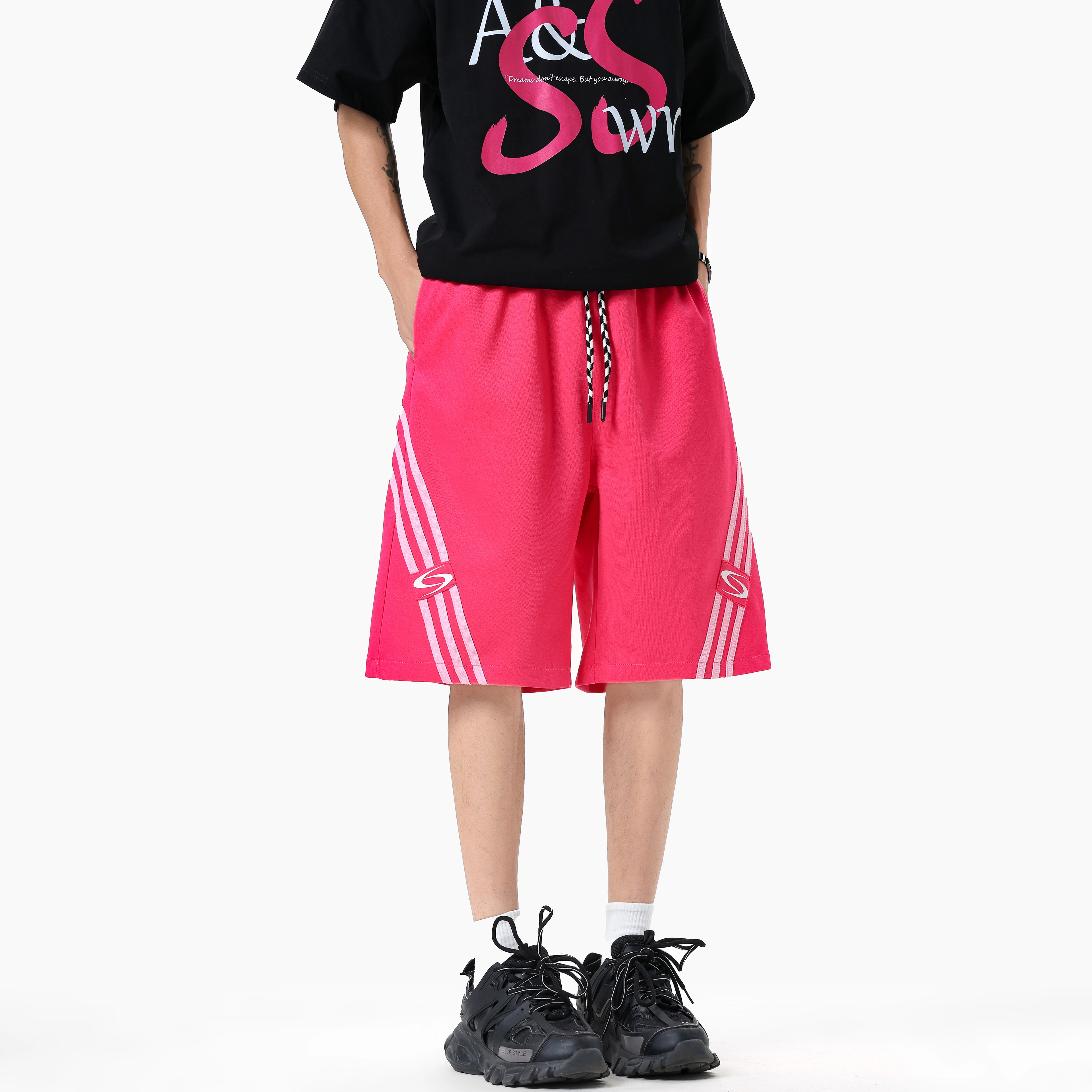 松岚 时尚潮流美式复古三条杠织带拼接设计感松紧腰抽绳系带独特痞帅无性别主义简约纯色基础款宽松百搭舒适运动五分休闲短裤 男女同款