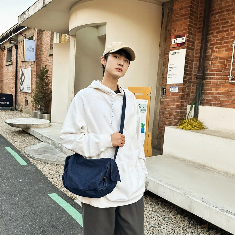 德力熊 百搭休闲学生时尚原宿拉链开合 牛仔布 单肩包 常规 男女同款情侣款 深蓝/浅蓝