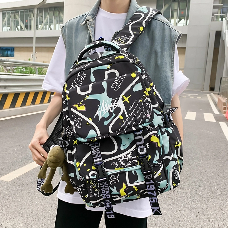 德力熊 印花轻便大容量 尼龙 书包背包双肩包 大号 男女同款情侣款 黑色/白色